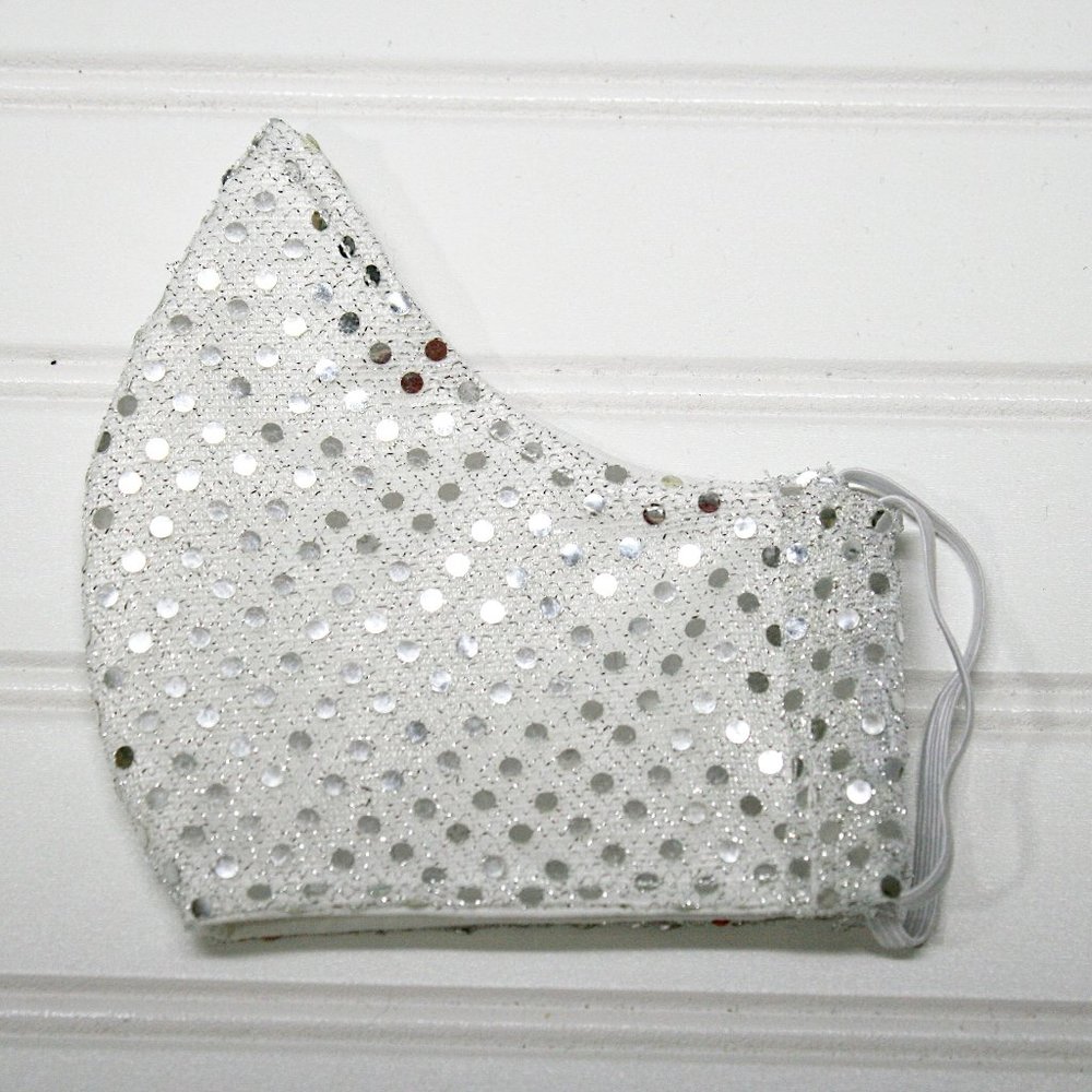 HAND CRAFTED Face Mask Silver Confetti Dot Sequin - Adult - Shield Style - Picture 3 of 14